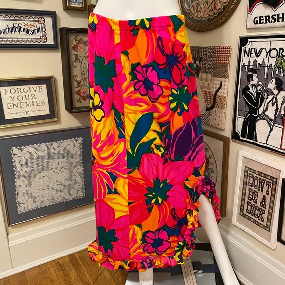 70s Vintage Bright Neon Floral Ruffle Hem Maxi Skirt With Elastic Waist Size M - Picture 1 of 4